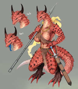 anthro big_breasts biped bottomwear breasts claws clothed clothing digitigrade featureless_breasts female hand_on_hip horn loincloth looking_at_viewer melee_weapon polearm red_body red_scales scales simple_background skimpy smile solo spear standing sword tail toe_claws tongue tongue_out ventral_scales weapon eguchi_tumoru mythology dragon mythological_creature mythological_scalie scalie