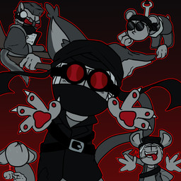 ambiguous_gender anthro bandage bandaged_head belt black_clothing black_hat black_headwear black_mask bodily_fluids bottomwear cigarette cigarette_in_mouth claws clothed clothing coat cross eyewear eyewear_on_head fingers glasses goggles grey_body grey_skin group hair hat headgear headlamp headwear jacket kerchief lamp looking_at_viewer markings mask mohawk object_in_mouth open_mouth paws red_lens round_glasses sharp_teeth shirt simple_background smile smoke smoking striped_markings striped_tail stripes sunglasses sweat tail tail_markings teeth tongue tongue_out topwear trenchcoat worried satoyski madness_combat 2bdamned deimos_(madness_combat) hank_j._wimbleton sanford_(madness_combat) bear domestic_cat felid feline felis grunt_(madness_combat) mammal mouse murid murine nevadean_(madness_combat) rodent absurd_res digital_media_(artwork) hi_res