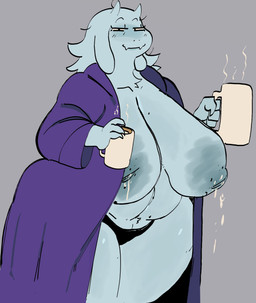 anthro areola big_breasts bodily_fluids breasts clothed clothing coffee_mug container cup curvy_figure female fur genitals hair horn lactating looking_at_viewer mature_female mug nipples open_clothing open_robe overweight overweight_female panties pussy_slip robe solo underwear vulva white_body white_fur white_hair wide_hipped_female wide_hips mooncheese the_best_sex_comes_from_women_shaped_like_this undertale_(series) toriel boss_monster_(undertale) bovid caprine goat mammal absurd_res hi_res meme