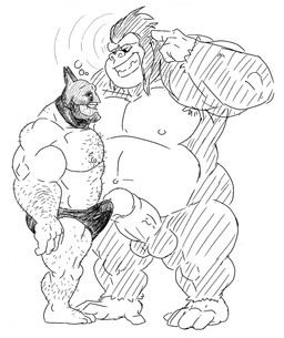 anthro bodily_fluids body_hair chest_hair clothing dominant dominant_male drooling duo erection genital_fluids genitals hypnosis larger_male male male/male mind_control muscular muscular_male nipples penis precum precum_through_clothing saliva size_difference smaller_male smile submissive submissive_male tenting wet wet_clothing anothermeekone batman_(series) dc_comics batman gorilla_grodd ape gorilla haplorhine human mammal primate hi_res monochrome