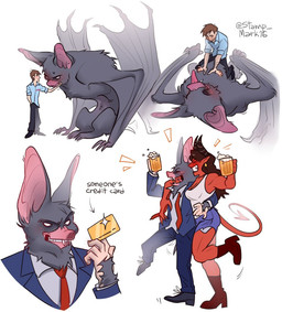 2_horns 5_fingers belly_rub beverage chin_scritches directional_arrow female fingers for_a_head fur holding_beverage holding_object horn humanoid_hands information_label male membrane_(anatomy) membranous_wings red_body red_skin scritches simple_background size_difference text tongue tongue_out white_background winged_arms wings stamp_mark16 dispatch malevola_gibb robert_robertson_(dispatch) sonar_(dispatch) animal_head animal_humanoid bat demon human humanoid mammal english_text