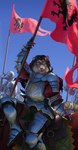 anthro armor black_hair fangs female flag group hair horseback_riding long_hair looking_at_viewer male plate_armor riding saddle sky smile teeth mickey_the_retriever helena_sif_(elfox) felid mammal pantherine snow_leopard absurd_res hi_res