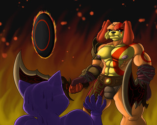 abs anthro armor blade bottomwear bulge button_prompt chain circle_button clothing cosplay detailed_bulge duo loincloth male male/male muscular nipples wolfgerlion64 circle_prompt_(god_of_war) god_of_war mob_entertainment playstation poppy_playtime smiling_critters sony_corporation sony_interactive_entertainment catnap_(poppy_playtime) dogday_(poppy_playtime) canid canine canis domestic_cat domestic_dog felid feline felis mammal absurd_res hi_res