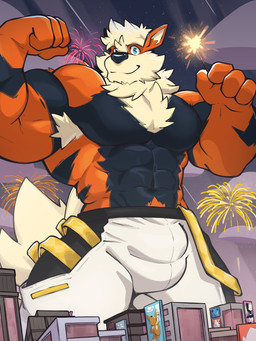 abs anthro armpit_hair barazoku biceps big_muscles big_pecs body_hair bottomwear bulge chest_hair clothed clothing flexing fur happy_trail heterochromia holidays macro macro_anthro macro_male male male_anthro muscular muscular_anthro muscular_male orange_body orange_fur pecs shorts shorts_only solo topless oinu_kori new_year new_year_2023 nintendo nintendo_switch pokemon kori_(oinu_kori) arcanine canid canine generation_1_pokemon mammal pokemon_(species) 3:4 digital_media_(artwork) hi_res