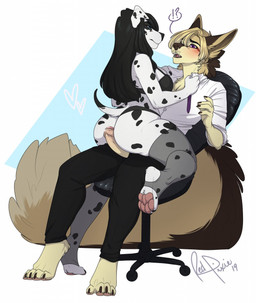 anthro blush chair clothing duo erection female foreskin furniture genitals hot_dogging humanoid_genitalia humanoid_penis interrobang legwear male male/female open_mouth penis sex sitting stockings thick_thighs redpixie osiris_henschel canid canine canis domestic_dog fox mammal hi_res