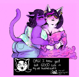 5_fingers anthro big_breasts biped black_hair black_inner_ear black_nose blue_bottomwear blue_clothing blue_jeans blue_pants blue_shirt blue_topwear blush blush_lines bottomwear breasts butt cleavage clothed clothed_anthro clothed_female clothing denim denim_bottomwear denim_clothing dialogue dress duo ear_piercing ear_ring eyelashes eyes_closed face_lick fangs female female/female female_anthro fingers fur green_clothing green_shirt green_topwear hair hand_on_hand intraspecies jeans leaning leaning_forward licking long_hair long_sleeves multicolored_clothing multicolored_hair multicolored_shirt multicolored_topwear overweight overweight_anthro overweight_female pants piercing pink_background pink_clothing pink_dress pink_hair pink_nose pink_tongue pockets pointy_ears prick_ears pupils purple_body purple_ears purple_fur purple_inner_ear purple_tail ring_piercing shirt simple_background standing tail talking_to_another talking_to_partner teeth text tie-dye tongue tongue_out topwear two_tone_hair whisker_spots whiskers white_body white_clothing white_ears white_fur white_shirt white_text white_topwear white_whiskers yellow_eyes currentlytr_ash deltarune undertale_(series) catti_cattenheimer catty_cattenheimer domestic_cat felid feline felis mammal 2026 english_text handwritten_text hi_res incest_(lore) sibling_(lore) sister_(lore) sisters_(lore)