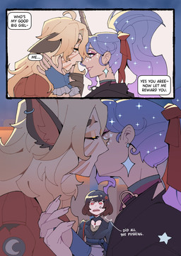 blonde_hair clothing dialogue ear_piercing ear_ring female fingerless_gloves gloves hair handwear horn intersex intersex/female kiss_on_lips kissing piercing ring_piercing scar text mixief deadlock_(game) mythology valve celeste_(deadlock) lilah_silver mina_(deadlock) canid canine equid equine human humanoid mammal mythological_canine mythological_creature mythological_equine unicorn werecanid werecanine werecreature werewolf comic hi_res