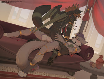 4_horns 4_toes 5_fingers anal anal_orgasm anal_penetration ancient animal_genitalia animal_penis anklet anthro anthro_on_anthro anthro_on_bottom anthro_on_top anthro_penetrated anthro_penetrating anthro_penetrating_anthro anus athletic athletic_anthro athletic_male balls bent_legs biped black_body black_claws black_fur black_knot black_nose black_pawpads black_wings blonde_hair blush bodily_fluids bracelet butt butt_grab carpet cheek_tuft claws clenched_teeth collar column countershade_face countershade_tail countershade_torso countershading cowgirl_position cum cum_drip cum_in_ass cum_inside cumshot curtains day detailed_background digit_ring dripping duo dutch_angle ear_piercing ear_ring ejaculation erection eyebrow_piercing eyebrow_ring eyebrows eyes_closed facial_piercing facial_tuft feet femboy finger_claws fingers fluffy fluffy_tail from_front_position fu_manchu fur furniture genital_fluids genitals glistening glistening_jewelry gold_(metal) gold_collar gold_jewelry green_body green_fur green_wings grey_body grey_fur hair hand_on_butt hand_on_chest hand_on_leg hand_on_thigh hands-free harem harem_jewelry horn horn_jewelry inner_ear_fluff inside interspecies jewelry jewelry_only knot knot_in_ass knotting long_hair looking_pleasured lying male male/male male_anthro male_penetrated male_penetrating male_penetrating_male metal_collar multi_eye multi_horn multicolored_body multicolored_fur multicolored_hair nose_piercing nose_ring nude nude_anthro nude_male on_back on_bottom on_sofa on_top orange_hair orgasm orgasm_face pawpads paws penetration penile penile_penetration penis penis_in_ass piercing pink_anus pink_pawpads pottery purple_body purple_fur purple_hair purple_inner_ear_fluff raised_tail ring ring_piercing sex short_hair side_view sofa sofa_sex spread_legs spreading stripes tail teeth teeth_showing text toe_ring toes tuft two_tone_body two_tone_fur two_tone_hair two_tone_wings vein veiny_penis white_balls white_body white_eyes white_fur wings conditional_dnp riska_(artist) mythology damien_woof canid canine canis dragon mammal mythological_creature mythological_scalie scalie wolf 2026 colored digital_media_(artwork) english_text full-length_portrait hi_res portrait shaded url