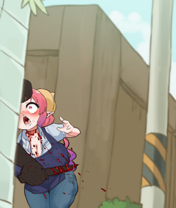 apron big_breasts blood blue_apron blue_clothing bodily_fluids bottomwear breasts cleavage clothed clothing curved_horn death denim denim_bottomwear denim_clothing female female_focus fence gore hair hair_grab horn huge_breasts humanoid_pointy_ears jeans knife light_body light_skin outside pants pink_hair pointy_ears sharp_teeth shirt snuff stab teeth tongue topwear touching_hair utility_pole white_clothing white_shirt white_topwear mayo_(artist) miss_kobayashi's_dragon_maid mythology ilulu animal_humanoid dragon dragon_humanoid horned_humanoid humanoid mythological_creature mythological_scalie scalie digital_media_(artwork) hi_res