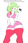 bottomwear breasts cleavage clothed clothing dialogue doctordongass electronics english_text female gardevoir generation_3_pokemon green_hair hair holding_object holding_phone humanoid legwear looking_at_viewer nintendo phone pink_bottomwear pink_clothing pink_legwear pink_skirt pink_thigh_highs pink_topwear pokemon pokemon_(species) red_eyes short_hair simple_background skirt small_waist solo talking_to_viewer text thick_thighs thigh_highs topwear white_background wide_hips