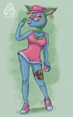 anthro blue_body bottomless breasts butt butt_from_the_front clothed clothing dress eyewear female footwear glasses green_hair hair hat headgear headwear hoof_hands ineffective_clothing leg_pouch mouthless no_underwear pink_clothing pokeball pose seductive shoes sneakers solo standard_pokeball zyasixpear nintendo pokemon areep_(zyasixpear) pokemon_trainer deer mammal 5:8 absurd_res hi_res pinup