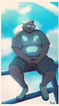 anthro belly big_belly bottomwear clothing humanoid_hands kemono male outside overweight overweight_male shorts sitting solo menmen_kesinn bear mammal 2022 9:16