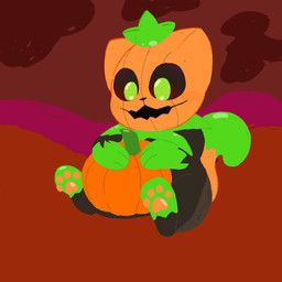 ambiguous_gender black_body black_fur feral food for_a_head fruit fur green_body green_eyes green_fur holding_object open_mouth orange_body orange_fur pawpads paws plant pumpkin pumpkin_head solo toony abyss_arts pumkat domestic_cat felid feline felis food_creature mammal object_head 1:1 hi_res