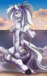 anthro beach bikini breasts camel_toe clothed clothing cloud detailed_background digitigrade female looking_at_viewer outside sand seaside skimpy sky solo stripes swimwear two-piece_swimsuit water spazzykoneko equid equine mammal zebra digital_media_(artwork)