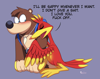 backpack belt black_nose blue_background blue_eyes blush bottomwear brown_body brown_fur clothed clothing dialogue duo eyelashes eyes_closed feathers female fur head_tuft hug jewelry kneeling looking_down male necklace profanity red_body red_feathers shorts simple_background sitting text topless tsundere tuft skelly_doll banjo-kazooie rareware banjo_(banjo-kazooie) kazooie avian bear breegull mammal 2019 english_text hi_res signature