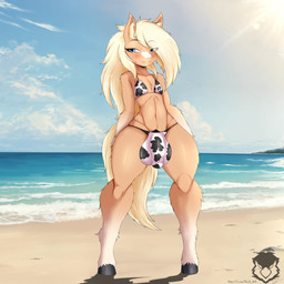 animal_genitalia anthro balls beach bikini blonde_hair blush clothing femboy genitals hair male penis smile solo swimwear tail text two-piece_swimsuit hiroki_ov0 equid equine horse humanoid mammal pony 1:1 absurd_res hi_res url