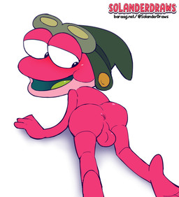 anthro anus backsack balls balls_focus blush butt butt_focus clothing genitals hat hat_only headgear headgear_only headwear headwear_only looking_at_butt looking_at_self looking_back_at_self male mostly_nude nude penis presenting presenting_anus presenting_balls red_body solo text solanderdraws amphibia_(series) disney sprig_plantar amphibian frog hi_res url