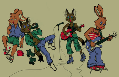 anthro bass_guitar boots bottomwear bra brown_body brown_fur cigarette clothing denim denim_bottomwear denim_clothing duo electronics female footwear fur guitar jeans looking_down microphone military_pants musical_instrument pants plucked_string_instrument shoes shorts singing smoke socks string_instrument underwear wine_bottle autenticovadito nike bugambilia_(autenticovadito) domestic_cat felid feline felis lagomorph leporid mammal rabbit tabby_cat absurd_res hi_res