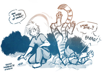 anthro attack butt candy chest_stand clothed clothing dessert dialogue digitigrade duo faceplant fail female food fur humor kneeling male motion_lines nude on_one_knee pawpads plant pounce scorpion_(position) shrub simple_background striped_body striped_fur stripes tail text white_background conditional_dnp tom_fischbach twokinds flora_(twokinds) trace_legacy felid human keidran mammal pantherine tiger adobe_photoshop_(artwork) digital_media_(artwork) english_text monochrome sketch