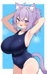 ahoge big_breasts blush blush_lines breasts clothing female hair hands_behind_head huge_breasts huge_thighs one-piece_swimsuit open_mouth open_smile ponytail purple_eyes shirt_hair simple_background smile smiling_at_viewer solo standing swimwear tail thick_thighs wet wide_hips zazami_d hololive vtuber okayu_nekomata animal_humanoid cat_humanoid felid felid_humanoid feline feline_humanoid humanoid mammal mammal_humanoid 9:14 absurd_res hi_res