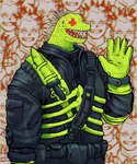 anthro belt clothed clothing green_body green_scales jacket knife male scales sharp_teeth smile solo spines teeth topwear plastiboo dorohedoro kaiman_(dorohedoro) lizard reptile scalie hi_res