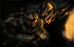 armor claws duo gun male night ranged_weapon space_marine standing weapon icedragonhawk halo_(series) microsoft xbox_game_studios master_chief spartan_(halo) alien human knight_(halo) mammal promethean 2013 dark_theme grandfathered_content hi_res signature