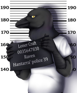 5_fingers anthro beak black_beak black_body black_fur chart claws clothed clothing fingers front_view fur height_chart holding_object holding_sign jail_placard looking_at_viewer male mugshot number placard shirt sign solo t-shirt text topwear yellow_eyes kyotoleopard loner_craft avian bird corvid corvus_(genus) oscine passerine raven absurd_res character_name digital_media_(artwork) half-length_portrait hi_res portrait shaded species_name