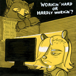 annoyed anthro asking bangs bodily_fluids chair clothed clothed_male clothing computer cubicle dialogue duo electronics eye_bags fully_clothed furniture glistening glistening_hair hair happy looking_at_another looking_at_computer looking_at_object looking_down male office office_desk office_worker on_chair poster prosthetic prosthetic_arm prosthetic_limb screen_light shirt short_hair sitting sitting_on_chair sweat t-shirt text topwear mots frey_(mots) lawrence_(kuhlzull) american_opossum canid canine fox mammal marsupial true_fox 2026 colored english_description english_text hatching_(art) shaded traditional_media_(artwork)