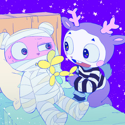 anthro antlers balloon balloon_animal bandage bandaged_body bed blush blush_stickers bodily_fluids body_cast bodypaint bottomless buckteeth cast cheering clothed clothing cosmic_background duo face_paint furniture heart_nose heart_symbol horn inflatable leaning leaning_forward leaning_over lying lying_on_bed male mime on_bed open_mouth pattern_background pattern_clothing pattern_shirt pattern_topwear pillow purple_body purple_eyes rosy_cheeks shirt short_tail simple_background smile sparkles sparkling_eyes star star-shaped_background star_polygon starry_background striped_clothing striped_shirt striped_topwear stripes sweat sweatdrop tail teeth topwear white_face white_face_paint wounded x-zeeko-x happy_tree_friends mime_(htf) toothy_(htf) beaver deer mammal rodent 1:1
