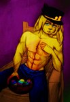 abs anthro basket blonde_hair bottomwear chair clothing container denim denim_bottomwear denim_clothing easter_basket easter_egg fur furniture hair hand_on_chest hat headgear headwear holidays jeans male muscular muscular_anthro muscular_male orange_body orange_fur pants purple_background serious_face shirtless shirtless_male simple_background solo yellow_body yellow_fur bianca_scamander easter jojo's_bizarre_adventure luankct hare humanoid lagomorph leporid mammal rabbit colored hi_res