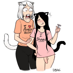 black_ears black_hair black_tail blep bottomless bottomless_male clothed clothing exaggerated_expression femboy femboy/femboy foreskin genitals hair humanoid_genitalia humanoid_penis male male/male penis shaved shitpost tail text tongue tongue_out unretracted_foreskin white_hair white_tail dbagdraws molly_(dbagdraws) nikko_(dbagdraws) felid humanoid mammal 1:1 english_text hi_res meme cousins_(lore)