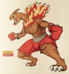 2017 3_toes alternate_color angry anthro anthrofied biceps biped bottomwear boxing_gloves bracelet brown_body brown_horn brown_skin brown_tail claws clothed clothing dinosaur english_text fakemon feet fighting_pose fire firefightdex fist flaming_hair flaming_mane foreshortening full-length_portrait generation_2_pokemon gloves green_eyes handwear hatching_(art) hi_res horn humanoid_hands jewelry leaning leaning_forward long_neck male marco_fanjul meganium muscular muscular_anthro muscular_male nintendo open_mouth pecs pen_(artwork) pink_tongue plantigrade pokemon pokemon_(species) pokemorph portrait pose prehistoric_species pseudo_hair pseudo_mane raised_heel red_bottomwear red_clothing reptile sauropod sauropodomorph scalie shaded shadow shorts side_view simple_background solo spiked_bracelet spikes standing tail text toe_claws toes tongue toony topless traditional_media_(artwork) uniform white_background white_claws