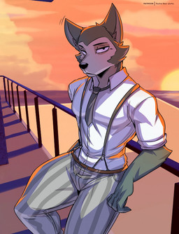 anthro bottomwear clothing cloud countershading fur grey_body grey_fur male multicolored_body multicolored_fur muscular muscular_anthro muscular_male necktie outside pants railing sea shadow shirt solo sun sunset suspenders topwear water white_body white_fur rook_kawa beastars legoshi_(beastars) canid canine canis mammal wolf hi_res