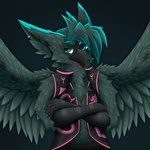 anthro beak blue_eyes blue_hair clothing feathers fur green_body green_fur hair male solo spread_wings topwear vest wings blen4k mythology avian gryphon mythological_avian mythological_creature 1:1 2023 hi_res