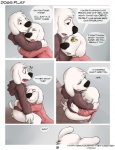 anthro black_nose blush bottomless brian_griffin brown_eyes butt butt_grab canid canine canis clothed clothing comic cousins_(lore) dialogue digital_media_(artwork) domestic_dog ear_piercing embrace english_text exclamation_point eye_contact eyes_closed family_guy fur hand_on_butt hi_res hoodie hug imminent_sex incest_(lore) jasper_(family_guy) looking_at_another male male/male mammal piercing seth-iova suggestive text topwear white_body white_fur