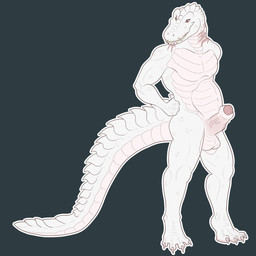 4_toes anthro balls belly claws digitigrade erection feet foreskin genitals glans hand_on_hip humanoid_genitalia humanoid_penis long_tail looking_aside male markings neck_scar non-mammal_balls nude partially_retracted_foreskin penis scale_markings scales sharp_teeth simple_background snout solo spiked_tail spikes spikes_(anatomy) standing tail teeth thick_tail toe_claws toes white_body white_skin altairxxx winston_vega albino_alligator alligator alligatorid crocodilian reptile scalie 1:1 hi_res