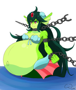 belly big_belly big_breasts bound bra breasts chain chained clothing collar cuff_(restraint) eyebrows eyelashes female fin green_body green_hair green_skin hair huge_belly long_hair monster_girl_(genre) navel outie_navel partially_submerged pregnant pregnant_female pregnant_humanoid red_eyes restraints seashell_bra shackles simple_background solo split_form underwear white_background christguy3 shantae:_half-genie_hero shantae_(series) wayforward giga_mermaid animal_humanoid aquatic humanoid merfolk 2016 dated hi_res signature