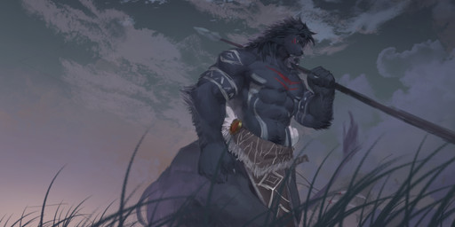 abs anthro arm_markings bottomwear brown_bottomwear brown_clothing brown_loincloth clothed clothing cloud fur grass grey_body grey_fur grey_hair hair holding_melee_weapon holding_object holding_polearm holding_spear holding_weapon loincloth male markings melee_weapon messy_hair muscular muscular_anthro muscular_male narrowed_eyes outside pecs plant polearm short_hair shoulder_markings sky solo spear standing topless weapon white_markings yellow_eyes awaldkize canid mammal absurd_res hi_res signature