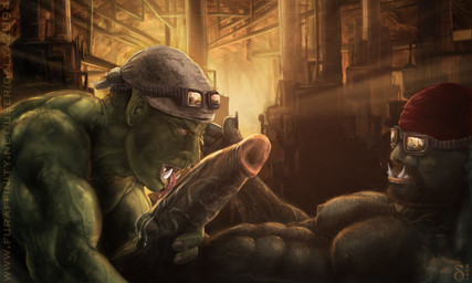 abs balls biceps big_muscles big_penis bodily_fluids clothing duo erection eyewear factory fangs fellatio foreskin genitals goggles green_body green_skin hairy huge_muscles humanoid_genitalia humanoid_on_humanoid humanoid_penis humanoid_pointy_ears hyper kerchief licking lying male male/male male_penetrated male_penetrating male_penetrating_male muscular muscular_male nipples nude on_back oral pecs penetration penile penis penis_lick pointy_ears presenting retracted_foreskin saliva sex teeth text tongue tongue_out tusks vein veiny_penis delta2094 humanoid orc 5:3 english_text