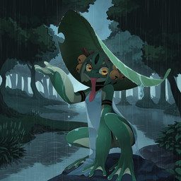 4_fingers 4_toes anthro bell clothing countershading crouching feet female fingers frog_pose green_body green_skin leaf membrane_(anatomy) outside plant pseudo_hair raining river solo toes tongue tongue_out translucent translucent_clothing tree webbed_feet webbed_hands wet yellow_eyes kamukamu6392 amphibian frog 1:1 hi_res