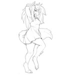 anthro barefoot breasts clothing digitigrade dress feet female hair looking_at_viewer on_one_leg simple_background solo standing tail white_background kiit0s aurum_(kiit0s) canid canine canis mammal wolf digital_media_(artwork) monochrome