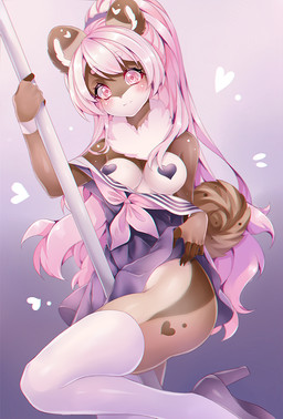 anthro biped blush breasts brown_body brown_fur clothed clothing countershade_face countershade_fur countershade_torso countershading dancing dress eyebrow_through_hair eyebrows eyelashes female footwear fur gradient_background hair heart_symbol high_heels legwear long_hair looking_at_viewer neck_tuft off_shoulder pasties pink_eyes pink_hair pole pole_dancing shoes simple_background socks solo tan_body tan_fur thigh_highs thigh_socks translucent translucent_hair tuft white_clothing white_footwear white_legwear white_socks white_thigh_highs white_thigh_socks tekahika mammal 2021 digital_media_(artwork) pastel_theme shaded