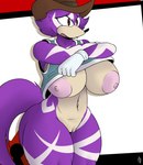 absurd_res anthro areola big_areola big_breasts big_butt black_nose bodily_fluids breasts butt canid canine canis clitoral_hood clitoris clothing coffee_demon cowboy_hat cute_fangs fan_character female fur fur_markings genitals gloves handwear hat headgear headwear hi_res leyendas_y_videojuegos mammal markings navel nipples pink_nipples purple_body purple_fur pussy red_eyes sega simple_background solo sonic_forces sonic_the_hedgehog_(series) super-jueves sweat sweatdrop text thick_thighs topwear undressing wolf wolfurra_the_coldblooded