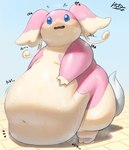 ambiguous_gender belly belly_expansion belly_overhang big_belly blue_eyes bodily_fluids breath expansion feral motion_lines navel obese overweight overweight_ambiguous overweight_feral panting solo sweat tail tail_tuft text tuft bellylliumu oruka0827 nintendo pokemon audino generation_5_pokemon humanoid pokemon_(species) hi_res japanese_text translation_request