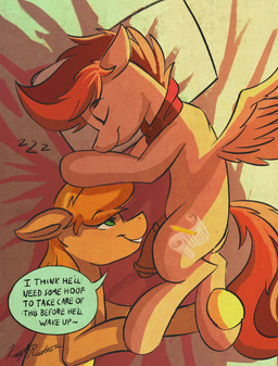 bed bedroom_eyes cutie_mark dialogue duo feathered_wings feathers feral furniture genitals hair half-erect hooves lying male male/male narrowed_eyes on_bed on_side penis quadruped seductive sex sleep_sex sleeping smile sound_effects speech_bubble spread_wings tail vowelless vowelless_sound_effect wings zzz ad_kayle friendship_is_magic hasbro my_little_pony mythology braeburn_(mlp) kayle_rusty_(character) earth_pony equid equine horse mammal mythological_creature mythological_equine pegasus pony absurd_res hi_res