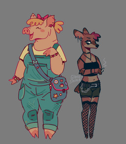 accessory alternative_fashion anthro blonde_hair bottomwear bow_ribbon bracelet breasts brown_body brown_fur choker cigarette clothed clothing duo ear_piercing eyes_closed female fishnet_clothing fishnet_legwear fully_clothed fur hair hair_accessory hair_bow hair_ribbon jewelry legwear looking_down messenger_bag navel necklace open_mouth overalls piercing ribbons scut_tail shirt short_tail shorts smoking smoking_cigarette standing tail tank_top topwear glassshine abby_(glassshine) cherri_(glassshine) deer domestic_pig mammal suid suine sus_(pig) watermark
