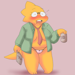 alcohol anthro belly beverage big_breasts blush bodily_fluids breasts cleavage clothed clothing drooling drunk eyewear female glasses inner_boob necktie no_bra open_clothing open_mouth open_shirt open_smile open_topwear panties partially_clothed pigeon_toed sake saliva scales shirt shortstack smile solo standing substance_intoxication thick_thighs topwear underwear yellow_body yellow_scales alpi deltarune undertale undertale_(series) alphys lizard reptile scalie 1:1 archived_source hi_res