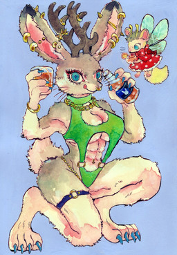 abs alcohol anthro antlers barefoot beverage big_breasts bikini blue_eyes bottle bracelet breasts claws cleavage clothed clothing container cutout dress duo ear_piercing ear_ring facial_piercing feet female fur glass grey_body grey_fur holding_object horn insect_wings jewelry kneeling licking licking_lips muscular muscular_female navel navel_piercing nose_piercing nose_ring one-piece_swimsuit piercing ring_piercing septum_piercing septum_ring simple_background size_difference sling_bikini solo_focus swimwear tail toes tongue tongue_out two-piece_swimsuit whiskers wings kyokyota mythology fairy hybrid jackalope lagomorph leporid mammal mythological_creature rabbit rodent sciurid 2024 absurd_res hi_res traditional_media_(artwork)