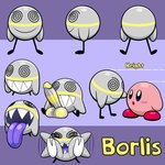 anthro big_penis big_tongue chart confusion genitals grey_body height_chart male penis pinching_cheeks purple_tongue sharp_teeth simple_background size_difference smile solo teeth tongue tongue_out wide_tongue supermoonshroom kirby_(series) nintendo borlis_orbi kirby unknown_species 1:1 character_name model_sheet