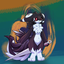 anthro big_ears black_body black_fur female fluffy fluffy_chest fluffy_tail fur ki_(holeecarolee) pawpads pink_pawpads red_eyes solo tail thick_thighs tiaero white_body white_fur holeecarolee hi_res